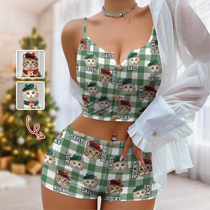 Custom Photo Name Dog Cat Christmas Flannel Appliques Notched Neckline Lingerie Set LM32 893909