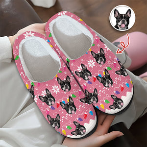 Custom Dog Faces Funny Christmas Lights Plush Slippers HO82 900156