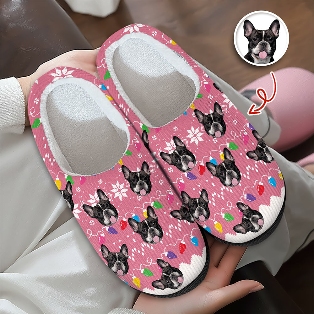 Custom Dog Faces Funny Christmas Lights Plush Slippers HO82 900156