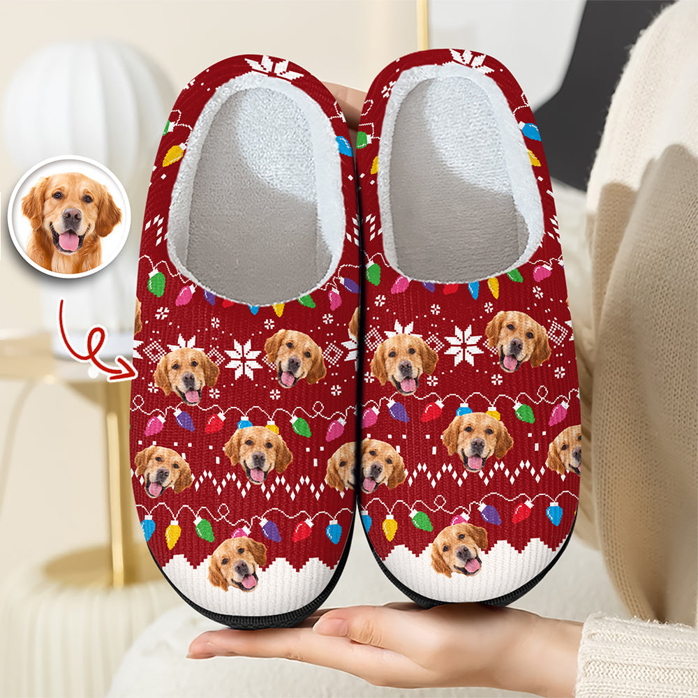 Custom Dog Faces Funny Christmas Lights Plush Slippers HO82 900156