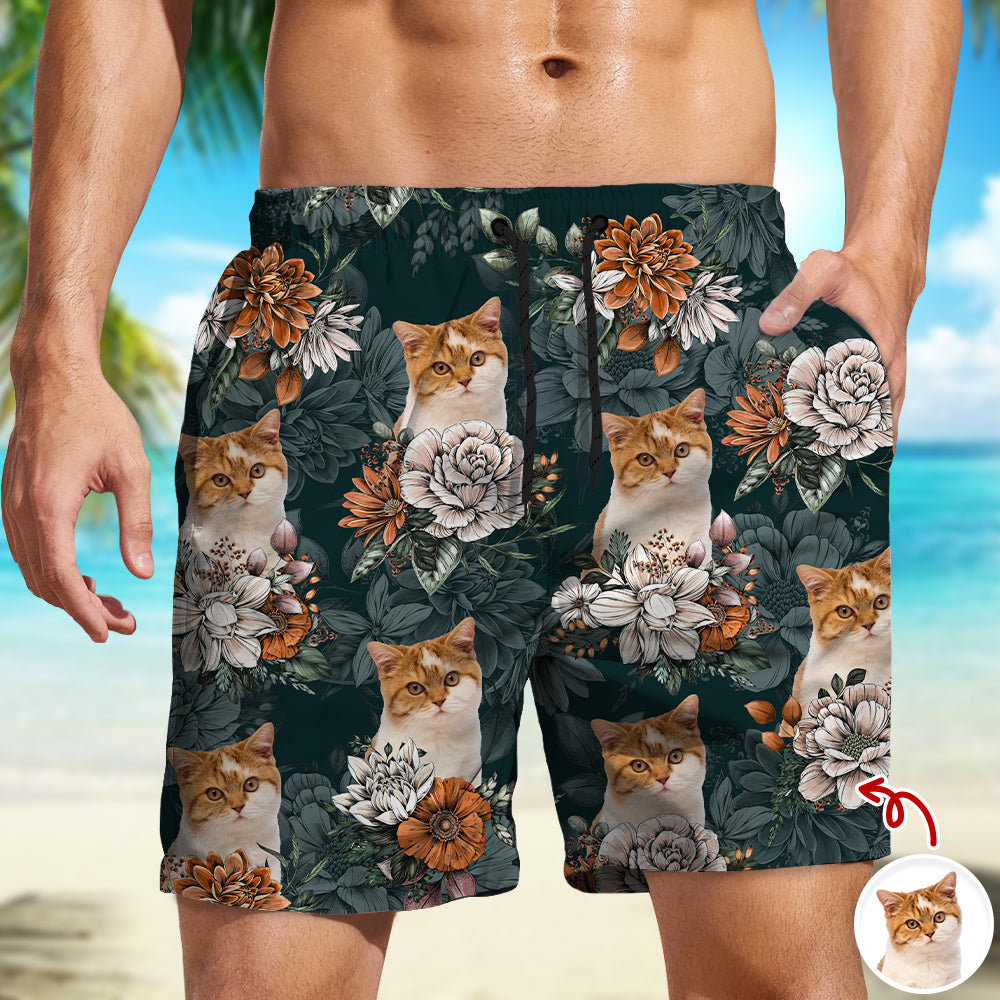 Custom Cat Photo Floral Aloha Pattern Beach Shorts - Gift for Cat Lovers HO82 902416
