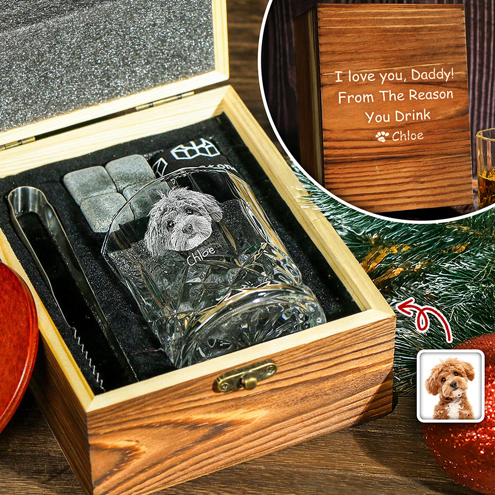 Custom Photo From The Reasons You Drink For Dog Lover Engraved Whiskey Glass Set with Wooden Box HA75 898030