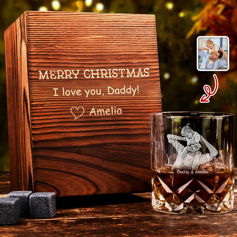 Custom Photo Merry Christmas I Love You Engraved Whiskey Glass Set with Wooden Box HA75 898032