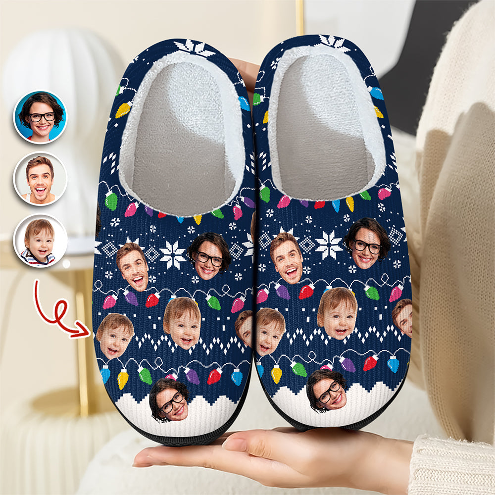 Custom Faces Funny Christmas Lights Plush Slippers HO82 900138