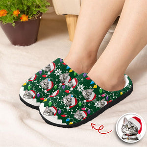 Custom Cat Faces Funny Christmas Lights Plush Slippers Gift For Cat Lovers HO82 900158