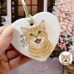Custom Cat Photo Watercolor Potrait Keepsake Heart Shaped Ceramic Ornament LM32 895609