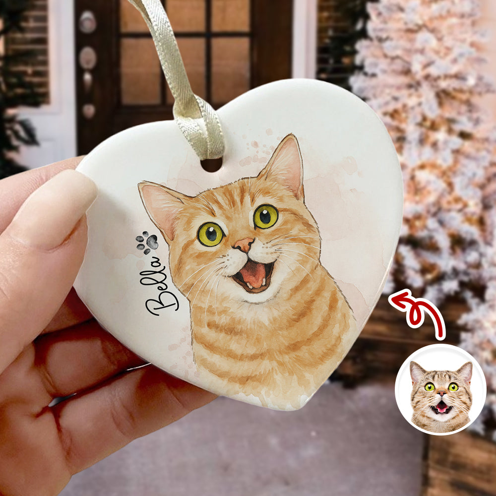 Custom Cat Photo Watercolor Potrait Keepsake Heart Shaped Ceramic Ornament LM32 895609