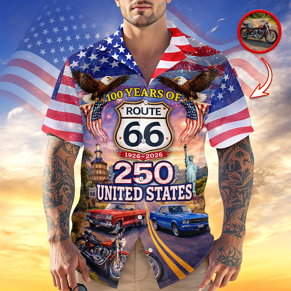Celebrate 100 Years of Road Route 66 and America 250th Anniversary Custom Car Photo Hawaiian Shirt CH07 910378