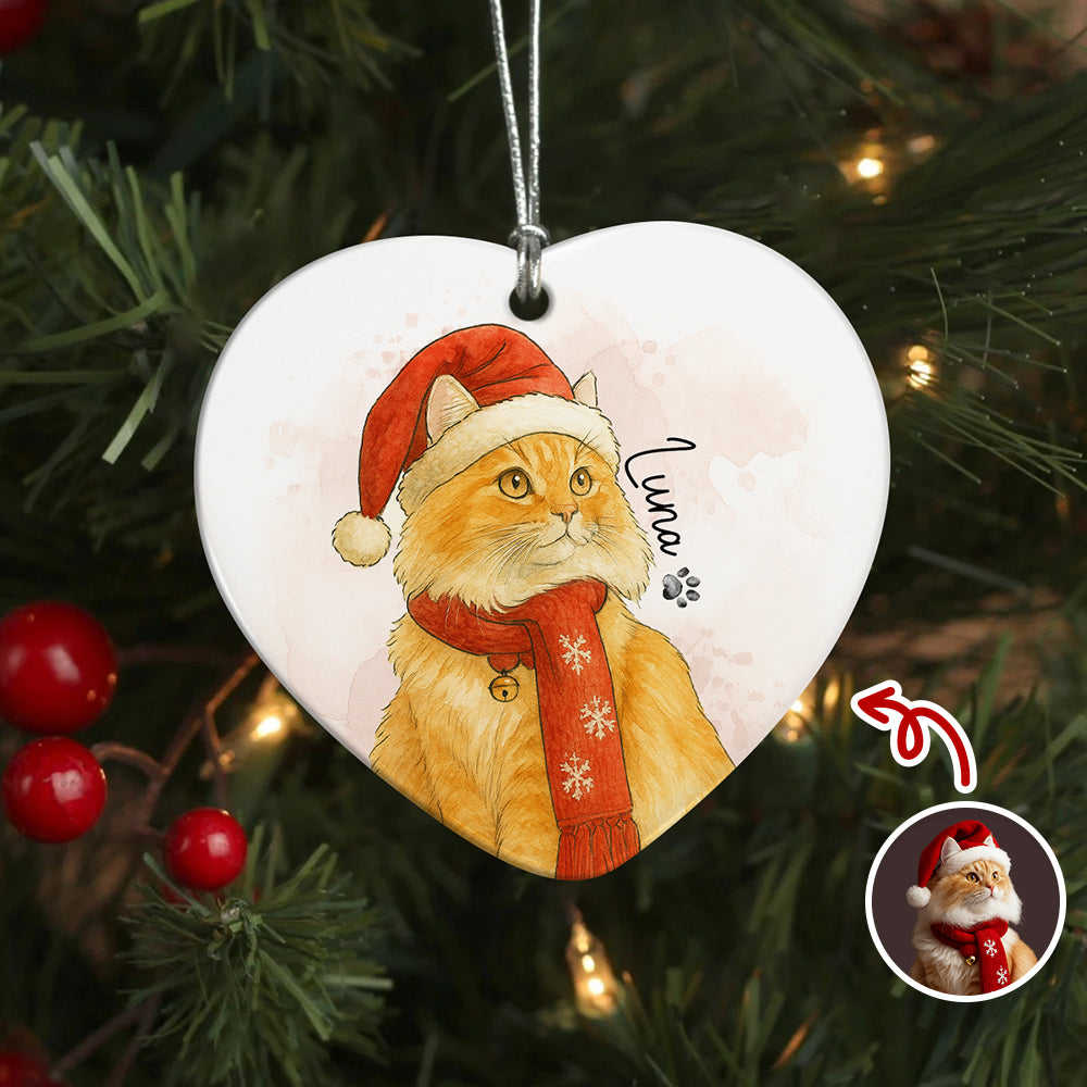 Custom Cat Photo Watercolor Potrait Keepsake Heart Shaped Ceramic Ornament LM32 895609