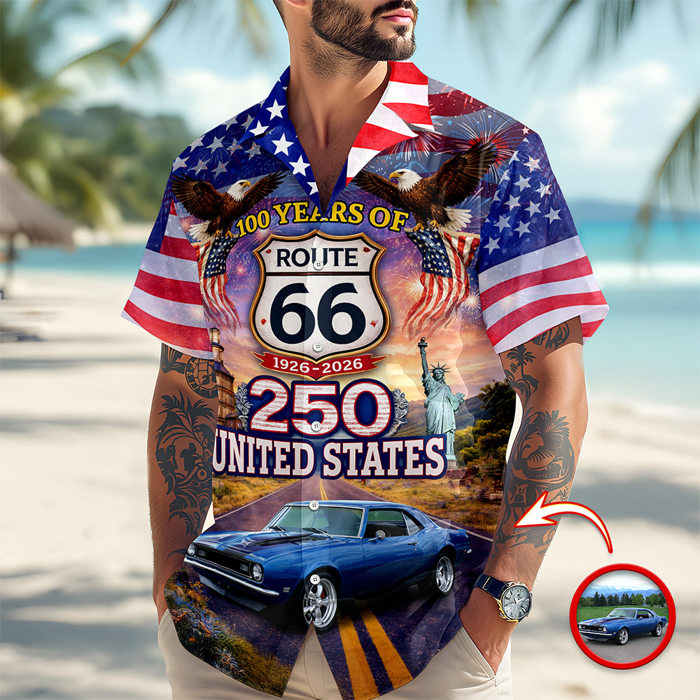 Celebrate 100 Years of Road Route 66 and America 250th Anniversary Custom Car Photo Hawaiian Shirt CH07 910378