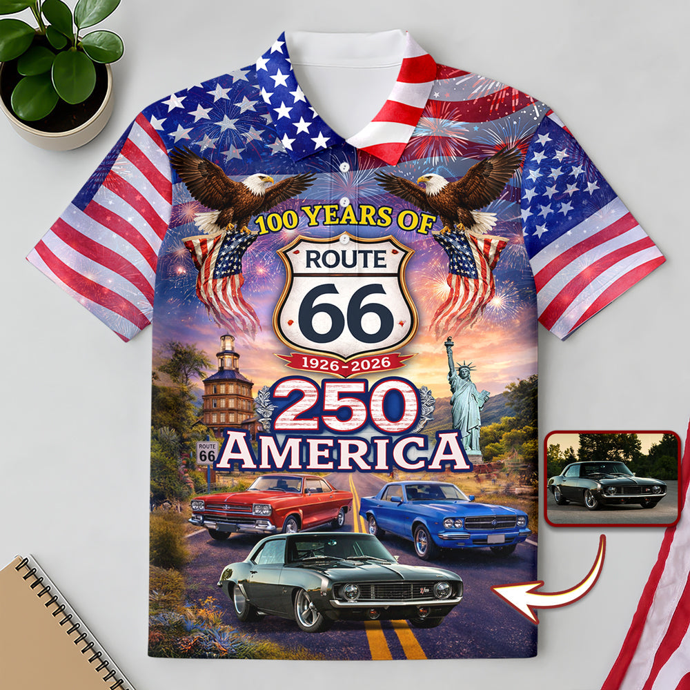 Custom Car Photo Celebrate 100 Years of Road Route 66 and America 250th Anniversary Polo Shirt CH07 910518