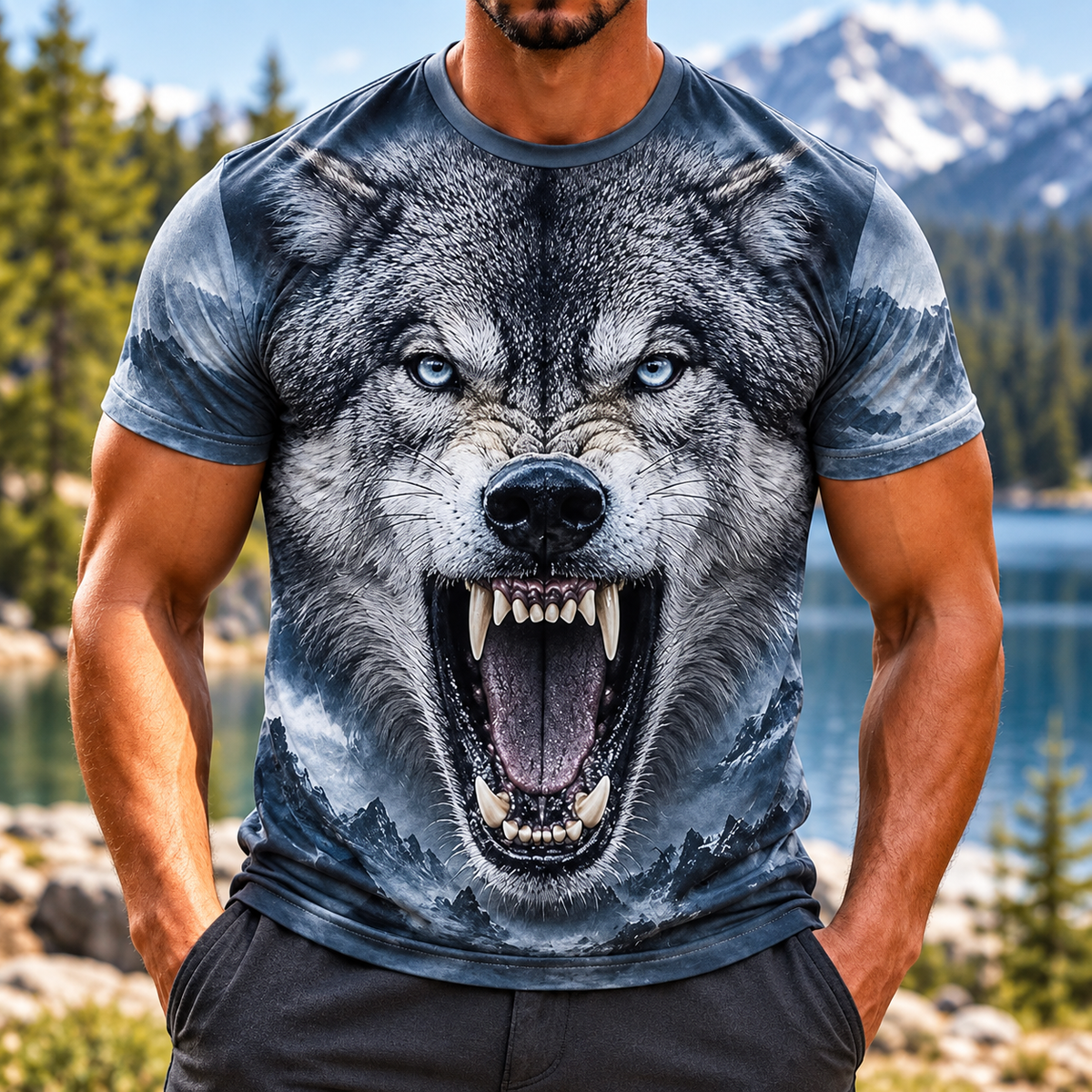 Wild Instinct Face 3D Animal T-Shirt – Fierce Wolf & Bear Graphic Tee CH07 180794