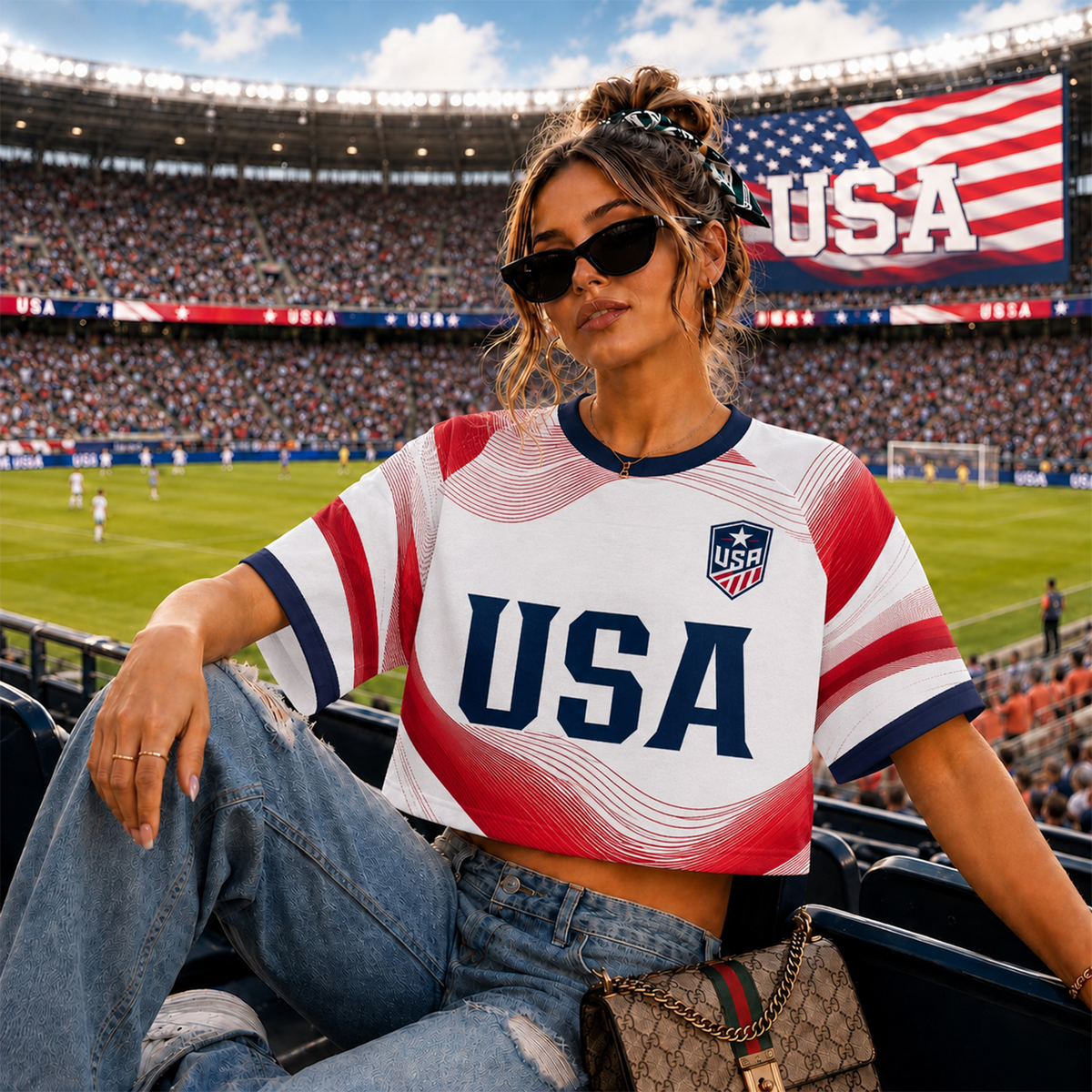 Custom Women's USA World Football Jersey Crop Tee TH10 170371
