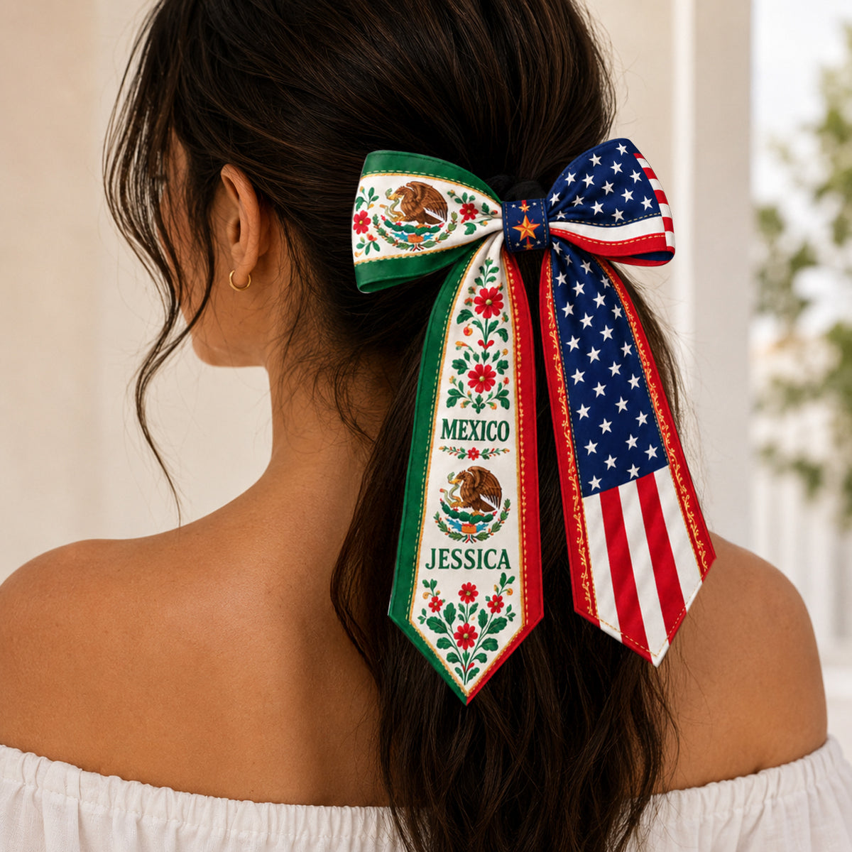 Personalized Name Mexico And US Flag Ribbon Hair Bow K228 903370
