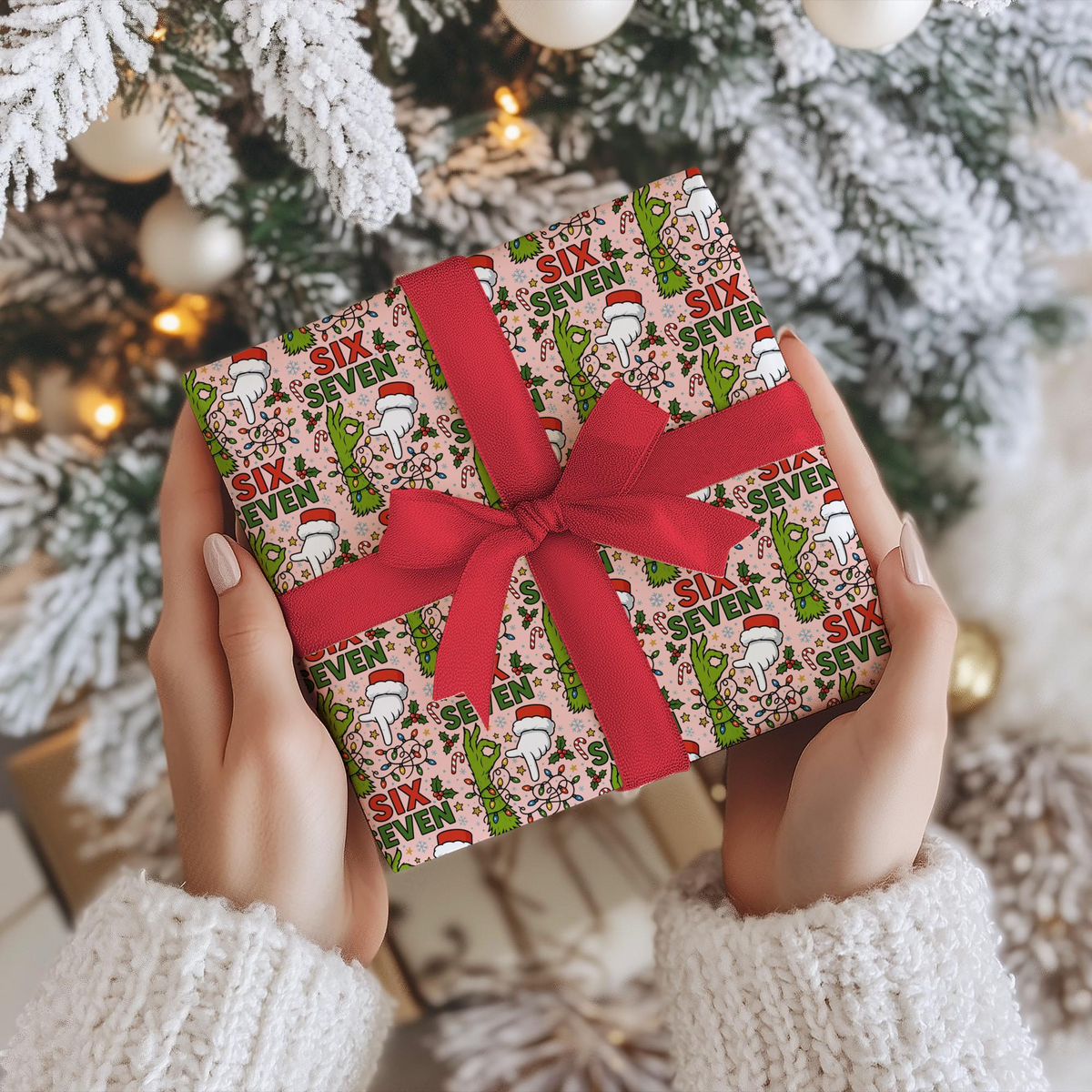 Six Seven Hand Christmas Wrapping Paper, Funny Holiday Gift 6 7 Wrapping Paper For Kids CH07 899222