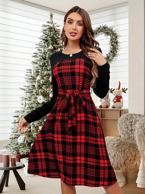 Plaid Christmas Dress Black and Red Long Sleeve for Women