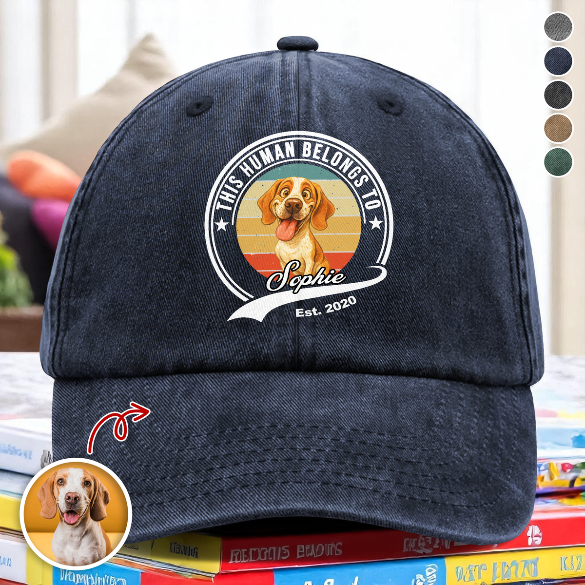 Custom Photo This Human Belongs To Dog Cat With Funny Caricature Style Washed Denim Baseball Cap For Dog And Cat Lovers HO82 894506