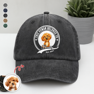 Custom Photo This Human Belongs To Dog Cat With Funny Caricature Style Washed Denim Baseball Cap For Dog And Cat Lovers HO82 894506