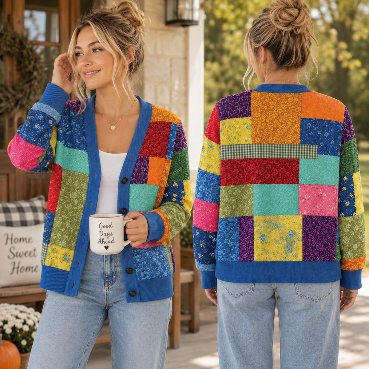 Holly Colorful Patchwork Memorial Country Christmas V-neck Cardigan LM32 670229