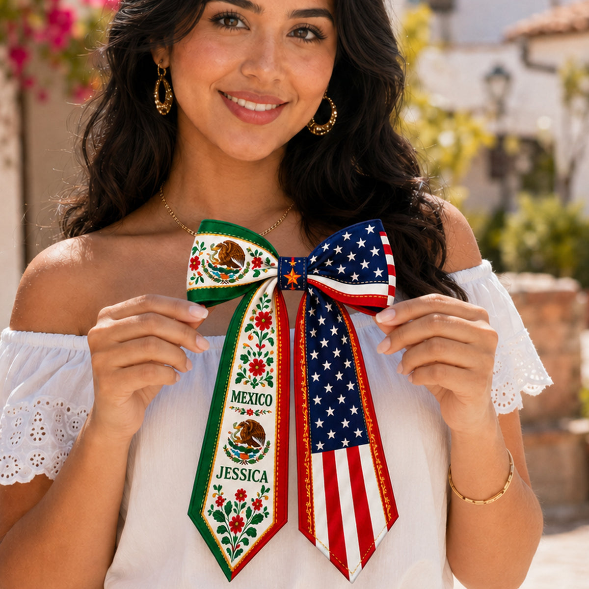 Personalized Name Mexico And US Flag Ribbon Hair Bow K228 903370