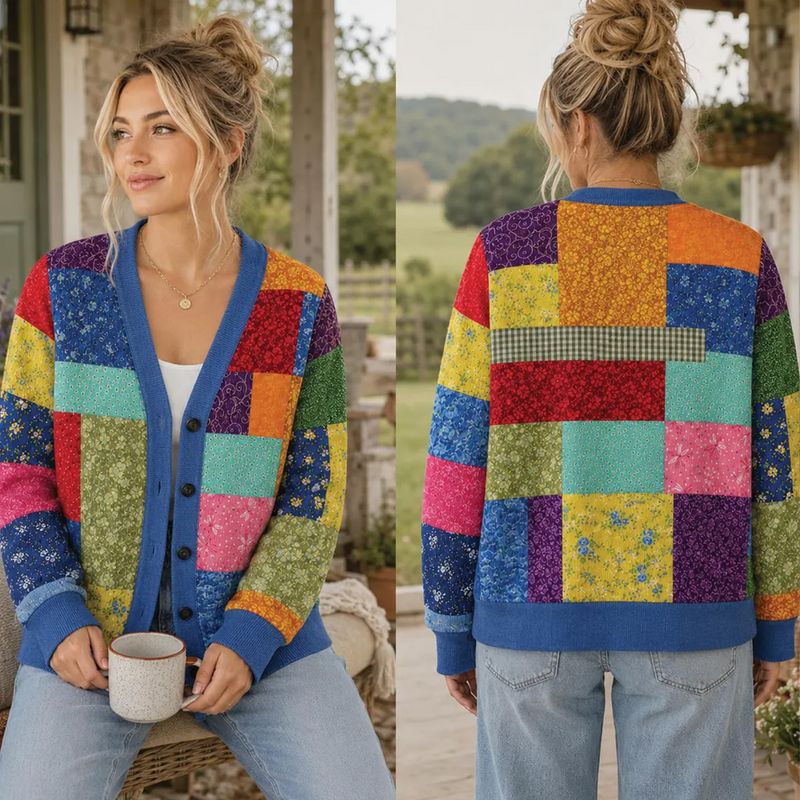 Holly Colorful Patchwork Memorial Country Christmas V-neck Cardigan LM32 670229