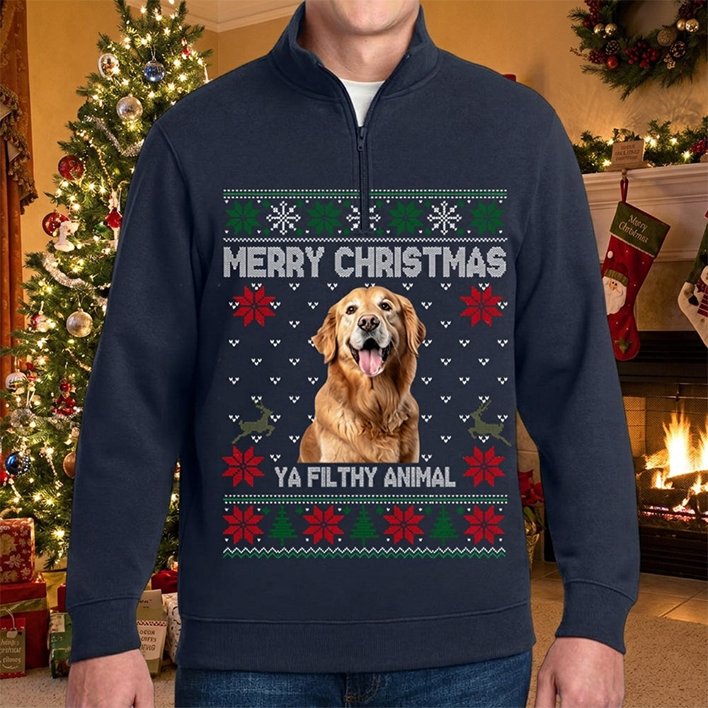 Custom Photo Merry Christmas Ya Filthy Animal Printed Quarter Zip Sweater TH10 170843