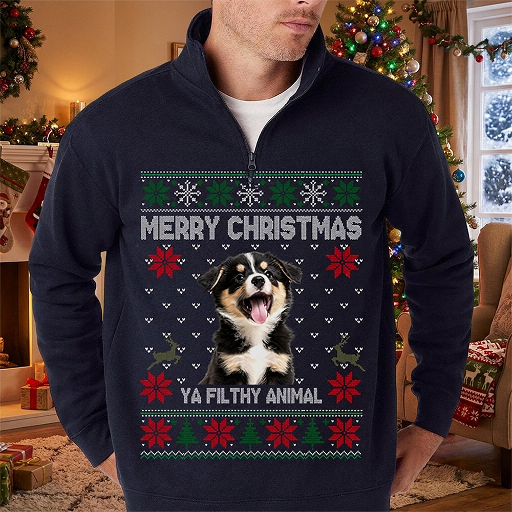 Custom Photo Merry Christmas Ya Filthy Animal Printed Quarter Zip Sweater TH10 170843