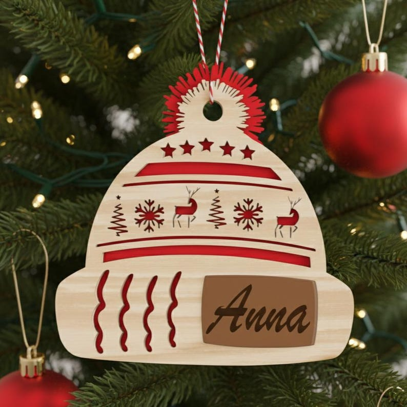 Custom Name Christmas Beanie Hat Layered Wood Ornament CH07 896630