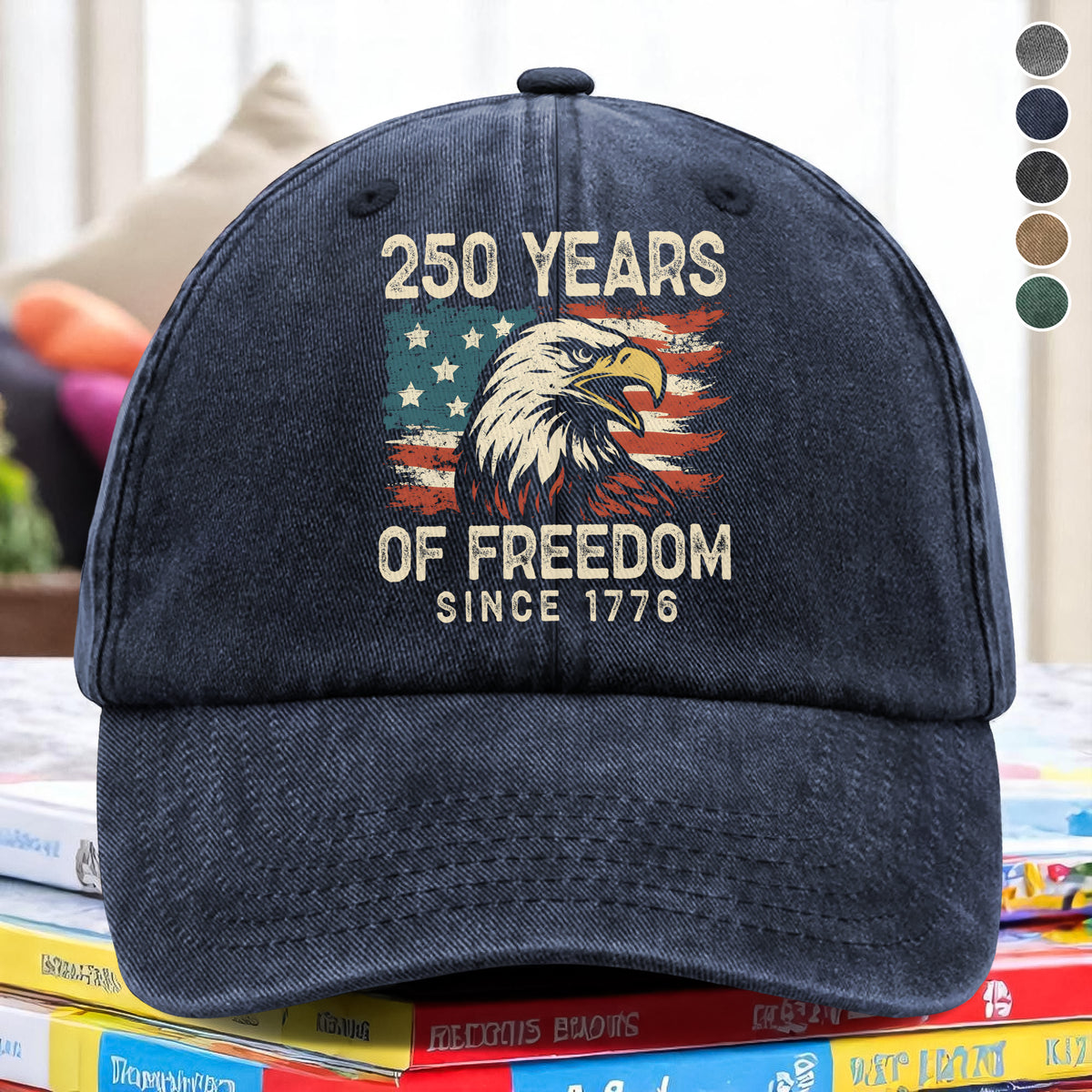250 Years Of Freedom Since 1776 USA Bald Eagle America Flag Washed Denim Baseball Cap HA75 897380