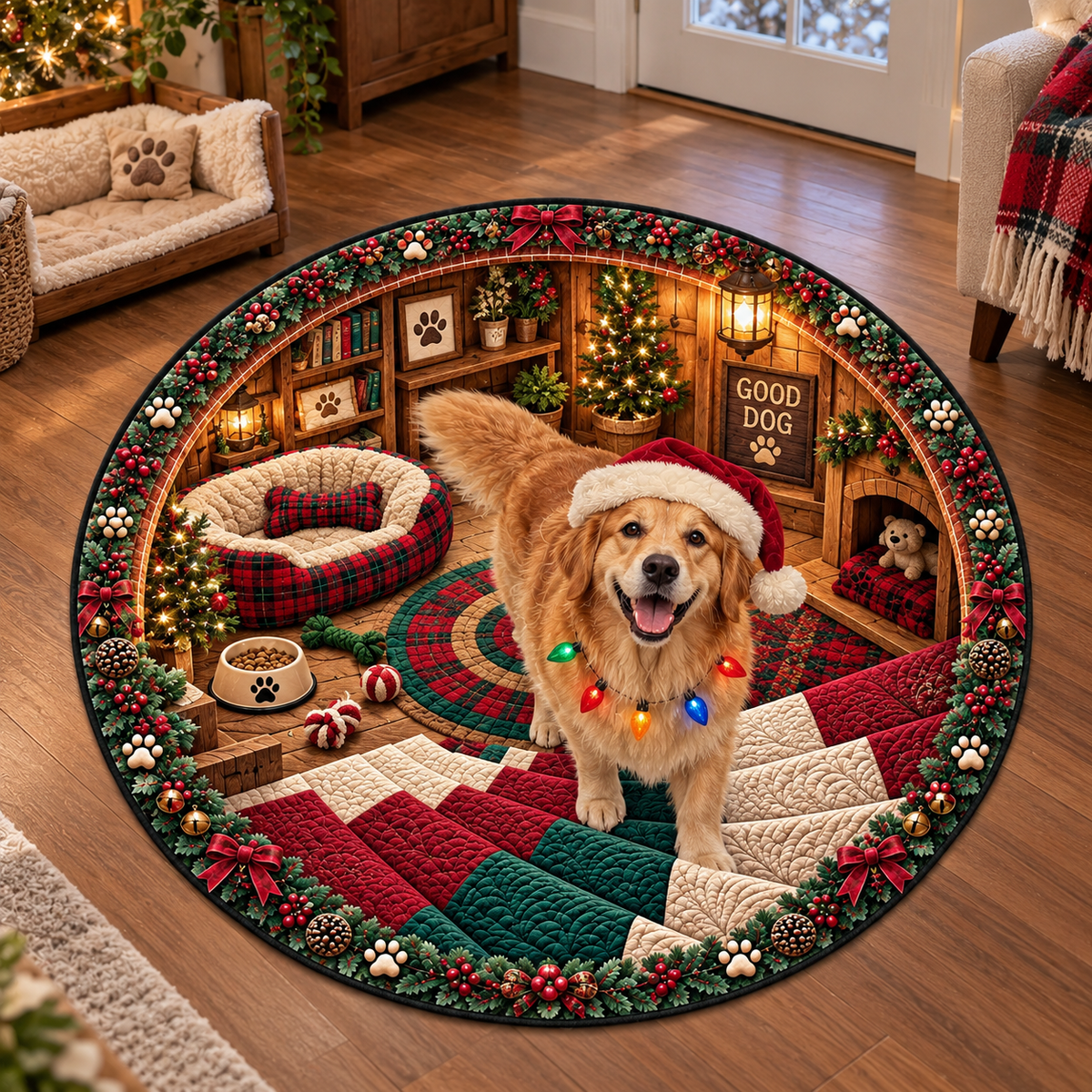 Custom Photo Dog Santa Hat 3D Illusion Round Rug, Christmas Home Decor HA75 57028