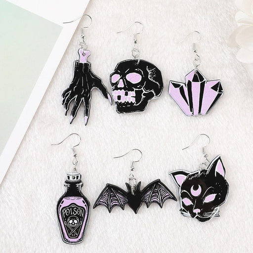 GeckoCustom 1Pair Halloween Dangle Earrings Black Punk Witches Crafts Skull Hand Cat Bat Crystal for Women Birthday Gift