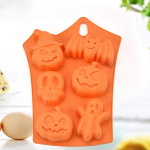 GeckoCustom 1pcs 6 Grids Pumpkin Bat Skull Ghost Shape Halloween Silicone Mold Candy Chocolate Pudding Mold for Halloween Party Decoration