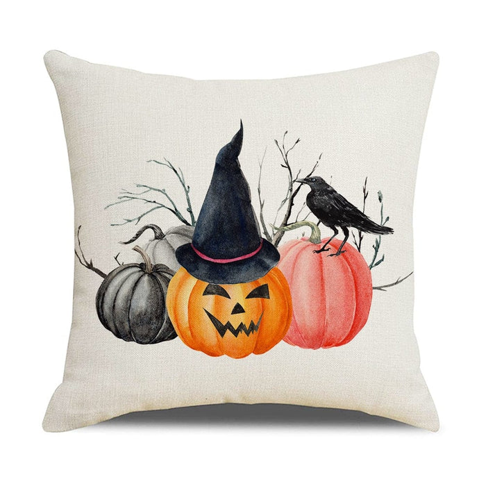 GeckoCustom 2023 Halloween Decoration Cushion Cover 18x18 Inches Linen Pillow Cover Cat Pumpkin Candy Print Pillowcases Couch Cushion Case 10 / 45x45cm