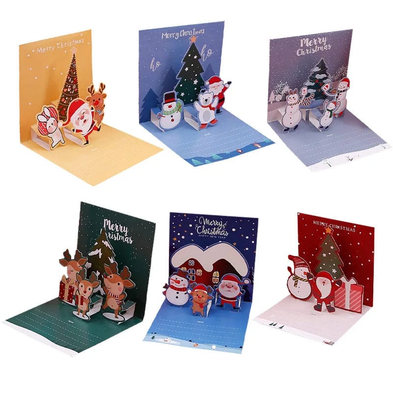 GeckoCustom 3D Pop Up Cartoon Christmas Card Merry Christmas Greeting Card Handwritten Blessing Invitation Cards Thanksgiving New Year Gifts 6PCS Set1