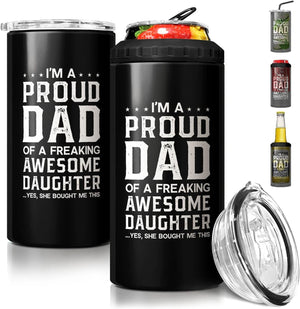 GeckoCustom 4-In-1 Dad Tumbler Gifts for Dad from Daughter Son - 12Oz Dad Fuel Can Cooler Tumblers Travel Mug Cup - Stainless Steel Insulated Cans Coozie Christmas, Birthday, Father'S Day Gift for Daddy I'M A Proud Dad - Black