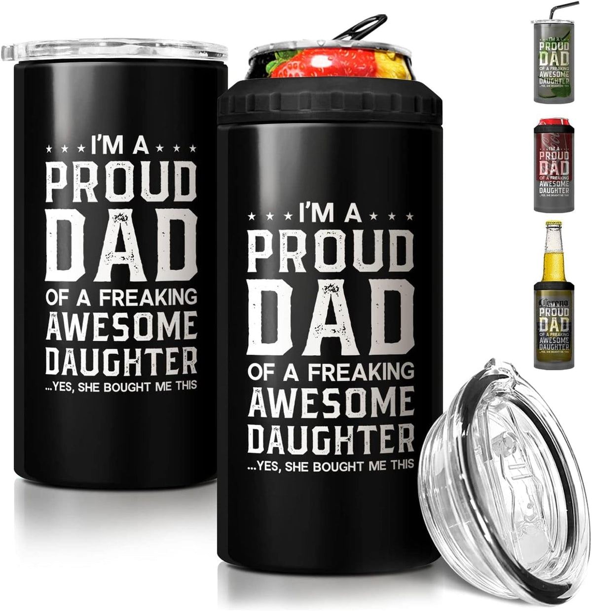 GeckoCustom 4-In-1 Dad Tumbler Gifts for Dad from Daughter Son - 12Oz Dad Fuel Can Cooler Tumblers Travel Mug Cup - Stainless Steel Insulated Cans Coozie Christmas, Birthday, Father'S Day Gift for Daddy I'M A Proud Dad - Black