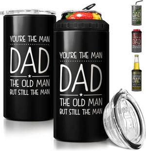 GeckoCustom 4-In-1 Dad Tumbler Gifts for Dad from Daughter Son - 12Oz Dad Fuel Can Cooler Tumblers Travel Mug Cup - Stainless Steel Insulated Cans Coozie Christmas, Birthday, Father'S Day Gift for Daddy Dad The Man - Black