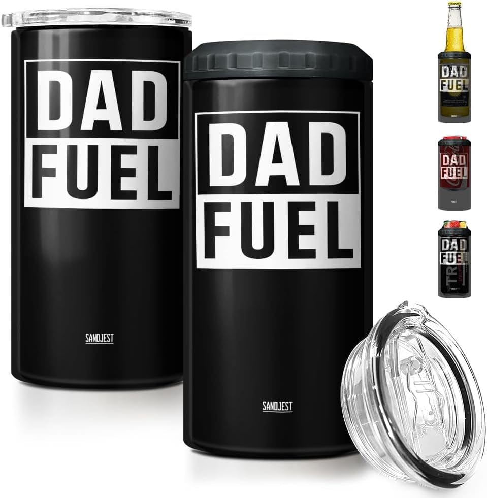 GeckoCustom 4-In-1 Dad Tumbler Gifts for Dad from Daughter Son - 12Oz Dad Fuel Can Cooler Tumblers Travel Mug Cup - Stainless Steel Insulated Cans Coozie Christmas, Birthday, Father'S Day Gift for Daddy Dad Fuel - Black