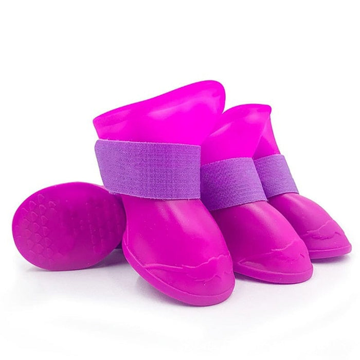 GeckoCustom 4Pcs Pet WaterProof Rainshoe Anti-slip Rubber Boot For Small Medium Large Dogs Cats Outdoor Shoe Dog Ankle Boots Pet Accessories purple / S