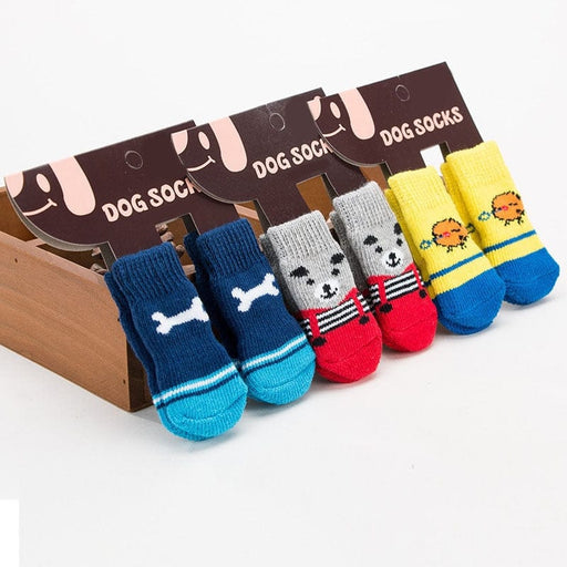 GeckoCustom 4Pcs Warm Puppy Dog Shoes Soft Pet Knits Socks Cute Cartoon Anti Slip Skid Socks For Small Dogs Breathable Pet Products S/M/L