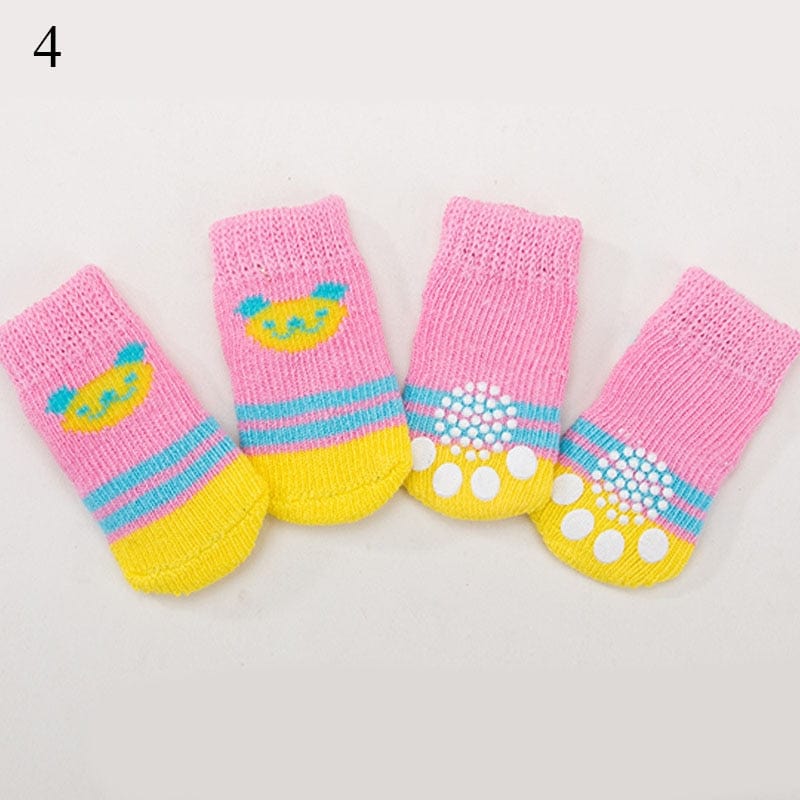GeckoCustom 4Pcs Warm Puppy Dog Shoes Soft Pet Knits Socks Cute Cartoon Anti Slip Skid Socks For Small Dogs Breathable Pet Products S/M/L 4 / S
