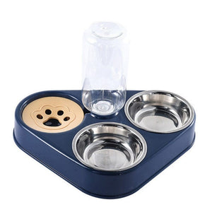 GeckoCustom 500ML Dog Bowl Cat Feeder Bowl With Dog Water Bottle Automatic Drinking Pet Bowl Cat Food Bowl Pet Stainless Steel Double 3 Bowl 3 in 1 Navy blue / China