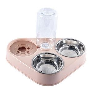 GeckoCustom 500ML Dog Bowl Cat Feeder Bowl With Dog Water Bottle Automatic Drinking Pet Bowl Cat Food Bowl Pet Stainless Steel Double 3 Bowl 3 in 1 Pink / China