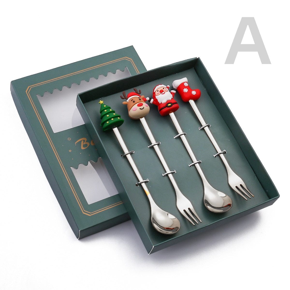 GeckoCustom 6/4/2PCS Christmas Gift Glod Spoon Fork Set Elk Christmas Tree Decoration Dessert Scoop Fruit Fork Coffee Spoon Cutlery Set 4PCS-Silver-B3