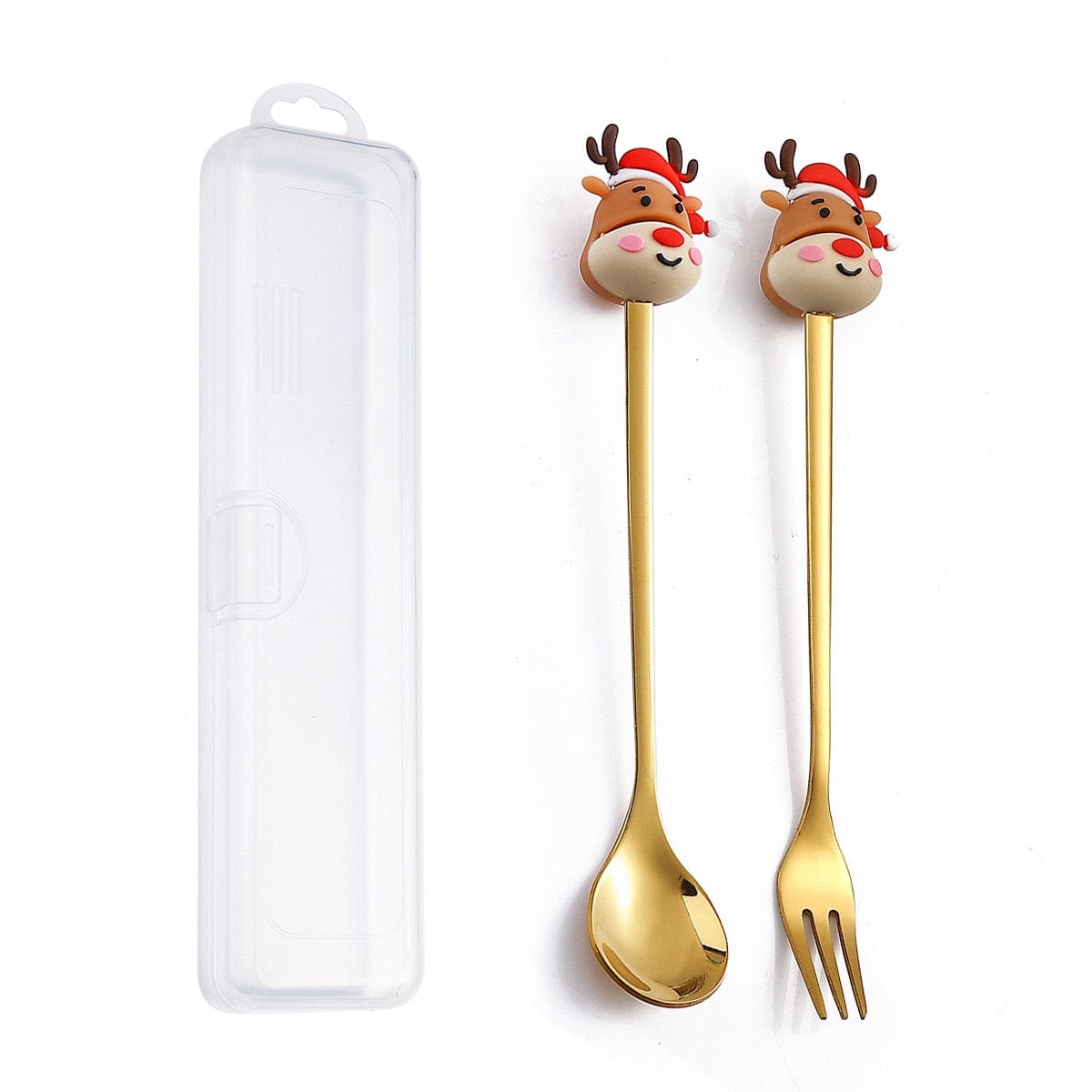 GeckoCustom 6/4/2PCS Christmas Gift Glod Spoon Fork Set Elk Christmas Tree Decoration Dessert Scoop Fruit Fork Coffee Spoon Cutlery Set 2PCS-Gold-E5
