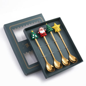 GeckoCustom 6/4/2PCS Christmas Gift Glod Spoon Fork Set Elk Christmas Tree Decoration Dessert Scoop Fruit Fork Coffee Spoon Cutlery Set 4PCS-Gold-B1