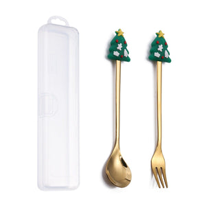 GeckoCustom 6/4/2PCS Christmas Gift Glod Spoon Fork Set Elk Christmas Tree Decoration Dessert Scoop Fruit Fork Coffee Spoon Cutlery Set 2PCS-Gold-E2