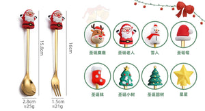 GeckoCustom 6/4/2PCS Christmas Gift Glod Spoon Fork Set Elk Christmas Tree Decoration Dessert Scoop Fruit Fork Coffee Spoon Cutlery Set