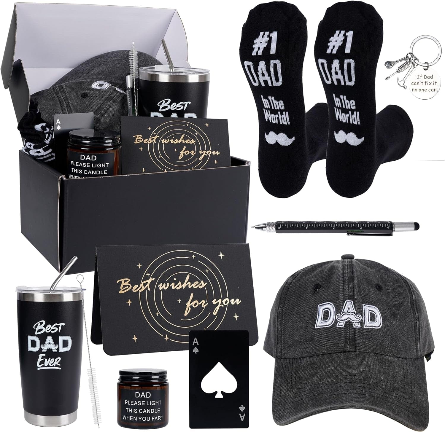 GeckoCustom 9 Pieces Dad Gift Set Best Dad Gifts Christmas Gifts for Dad, Men with Tumbler Mens Socks Mens Baseball Cap Dad Key Chain Card for Men Father Papa Gifts from Son Daughter Kids