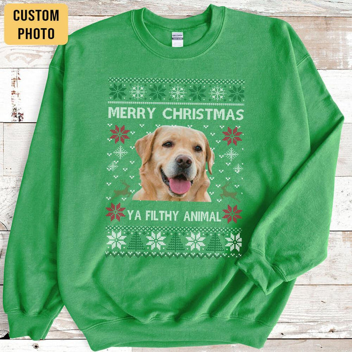 GeckoCustom Add Photo Ugly Christmas Ya Filthy Animal Dog Cat Sweatshirt, Dog Lover Sweater Christmas DA199 889811